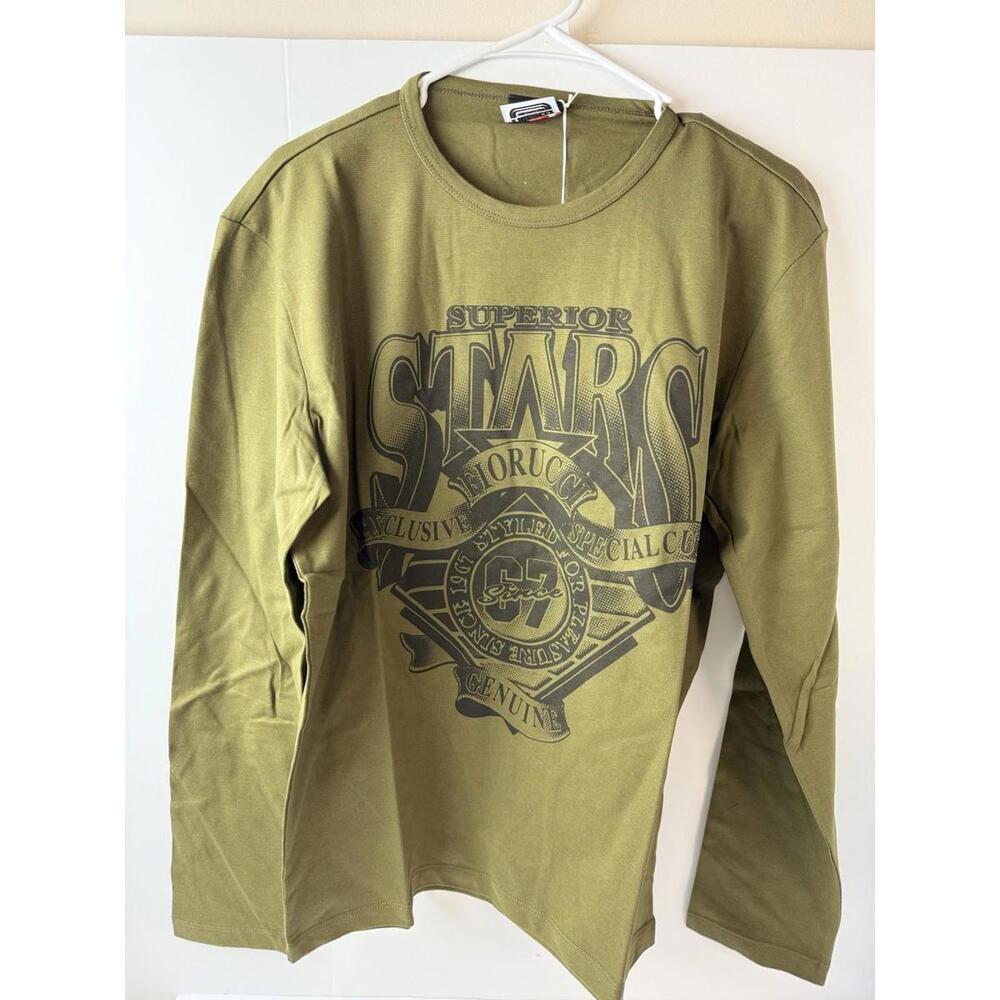 Fiorucci Shirt Men's XL Long Sleeve Superior‎ Stars Graphic Tee Army Green NWT